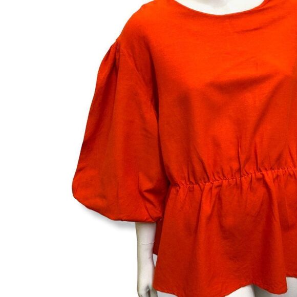 Simply Be Mandarin Red Balloon Sleeve Cotton Blend Plus Size Peplum Top - Picture 3 of 11